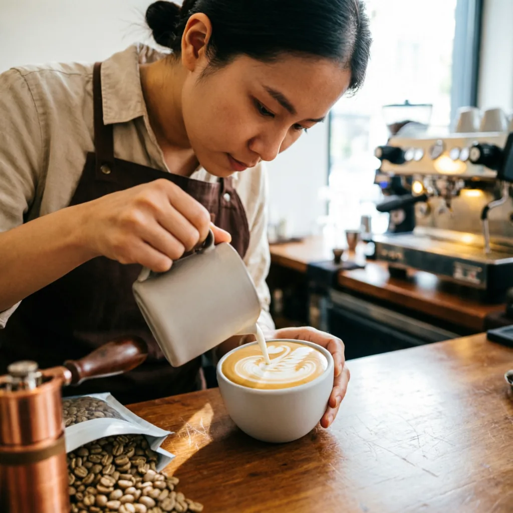 Barista preparando latte art em cafeteria